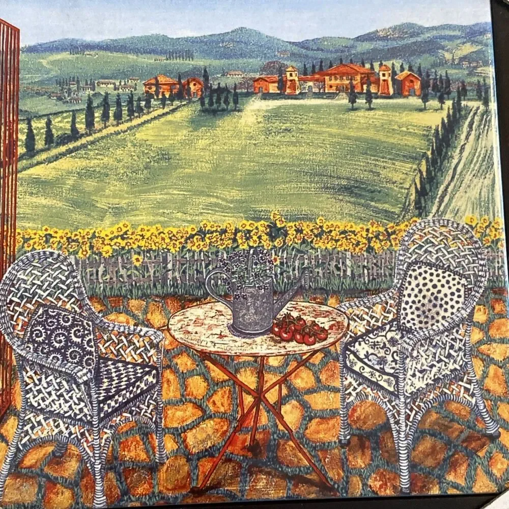 Sarina Framed Ceramic Tile Art 8x8 Tuscany Italy Vineyard Patio Bistro Chair